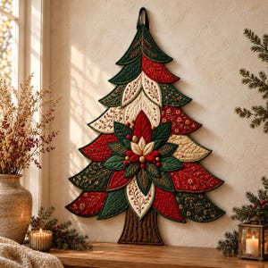 May include: A quilted wall hanging shaped like a Christmas tree, featuring layered fabric leaves in shades of deep green, cream, and red. The center is adorned with a large, dimensional poinsettia flower with red and cream petals.