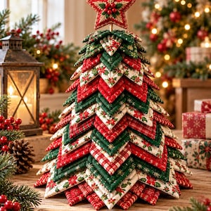 May include: A decorative fabric Christmas tree constructed from layered, quilted diamond-shaped patches in red, dark green, and cream colors. The tree features patterns of poinsettias and plaid, topped with a red fabric star ornament.