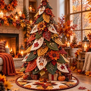 May include: A decorative Christmas tree constructed from quilted fabric leaves in shades of orange, red, green, and cream. The tree is topped with a fabric star and sits on a matching quilted tree skirt, surrounded by small pumpkins and gift boxes.
