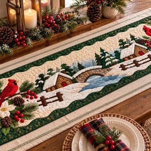 May include: A rectangular quilted table runner featuring a winter landscape with snow-covered cabins, a stone bridge, pine trees, and red cardinals perched on branches with white poinsettias, pinecones, and red berries on a green border.