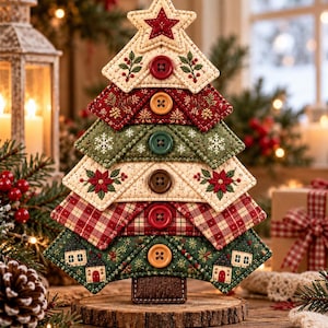 May include: A fabric Christmas tree ornament featuring layered triangular segments in cream, red, green, and plaid patterns. Each layer is adorned with a central button, embroidered poinsettias, snowflakes, and small house motifs, all mounted on a wooden base.