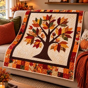 Può includere: Una trapunta rettangolare con una sagoma di albero marrone scuro al centro e foglie di tessuto multicolori nelle tonalità del rosso, arancione, giallo e verde. La trapunta ha uno sfondo color crema e un bordo fatto di piccoli quadrati patchwork.