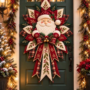 Santa Door Hanger Sewing Pattern PDF, Quilted Christmas Starburst with Appliqué and Bow