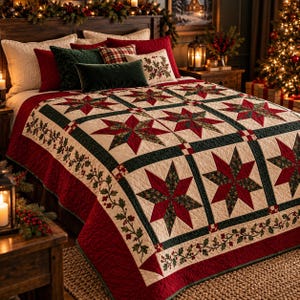 May include: A quilt featuring a repeating pattern of red and dark green eight-pointed stars on a cream background, bordered by a red fabric with a green holly leaf and berry vine print. The quilt is draped over a bed with several pillows.