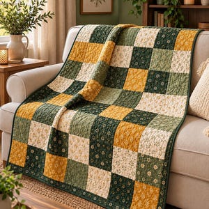 May include: A quilted throw blanket featuring a checkered pattern of alternating squares in dark green, mustard yellow, and cream. The fabric squares are decorated with small floral prints and a stitched texture throughout the entire surface.