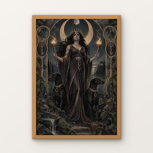 May include: A framed wall art print depicting a central figure in a dark gown holding two flaming torches, flanked by two black dogs. The background features a large crescent moon, keys, skulls, and foliage, all rendered in a dark, muted color palette.