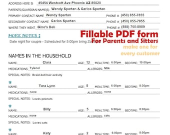 Sitter 911 PDF Template - Fillable, Printable and Re-Usable