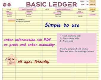 May include: A printable ledger sheet with a yellow and white color scheme. The sheet is titled "Basic Ledger" and has sections for "March Spending", "Info", "My Personal Tracker", and "Balance". The sheet includes instructions for entering information via PDF or printing and entering manually. The sheet also includes a cartoon star with a friendly face and the text "all ages friendly".