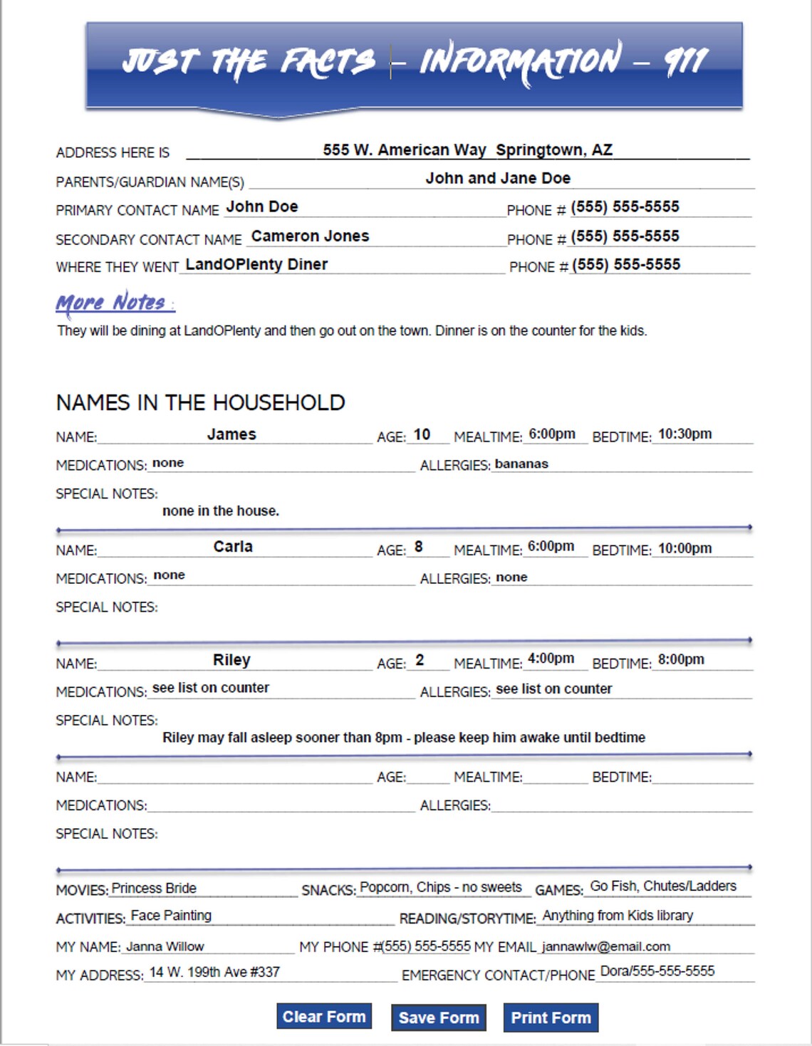 Babysitting PDF Template - Fillable, Printable and Re-usable - Just the ...