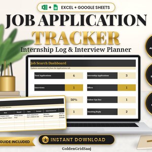 May include: A digital job application tracker for Excel and Google Sheets featuring a job search dashboard and interview log. The interface displays metrics like total applications, interviews, and offers. Includes a PDF guide and instant download.