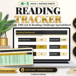 Reading Tracker Spreadsheet, Book Tracker, Reading Log Journal, TBR List Planner, Book Library, Excel Google Sheets