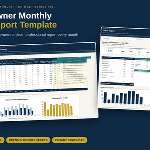 May include: A digital owner monthly report template for property management, featuring a monthly summary spreadsheet and a detailed owner report document with charts, tables, and data fields. The text includes Host Toolkit, Co-Host Series #02, Owner Monthly Report Template, Excel, Opens in Google Sheets, and Instant Download.