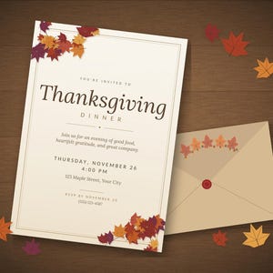 Mall för inbjudan till Thanksgiving-middag, Friendsgiving-inbjudan, höstfest med knytkalas, redigerbar Canvas-mall, direktnedladdning