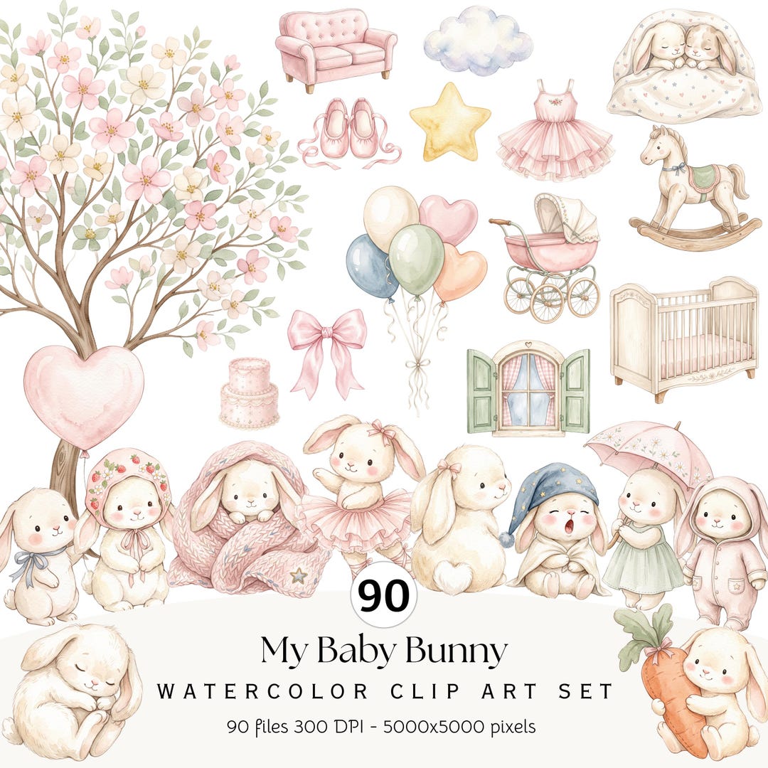 Baby Bunny Clipart, Watercolor Little Rabbit PNG, Springclipart, Pink ...