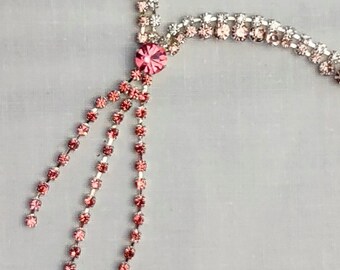 Vintage Pink Rhinestone Choker Necklace Dangle Lavalier Bride Prom Pageants