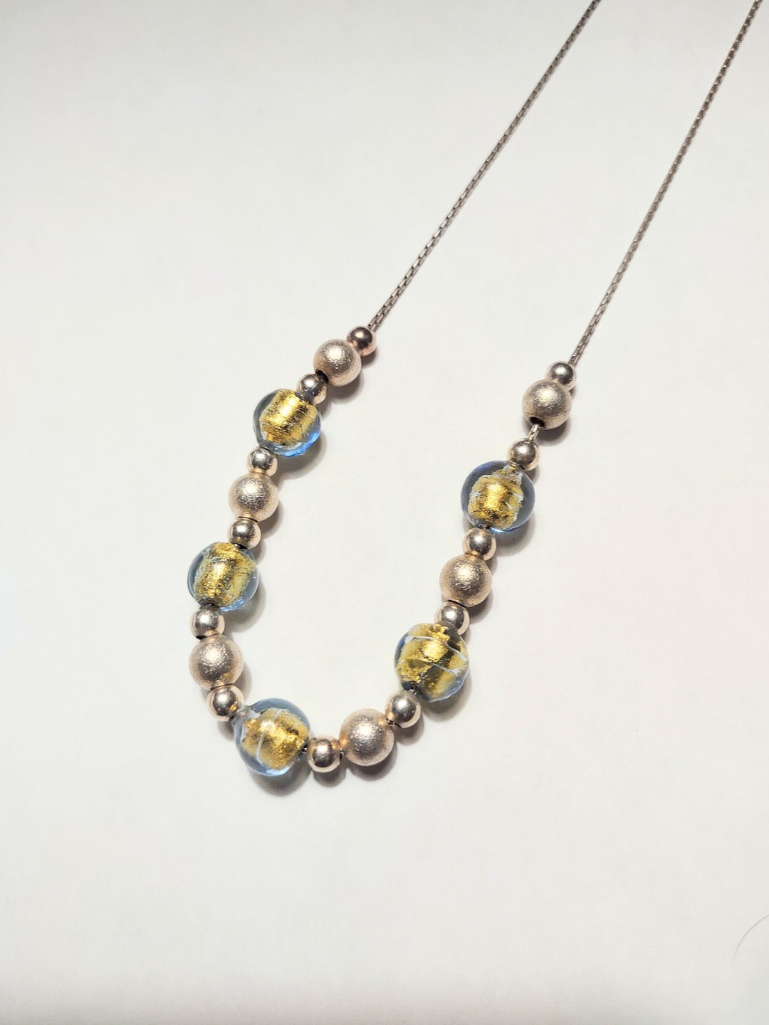 Vintage Sterling Silver Ball Chain Necklace Gold Foil Glass