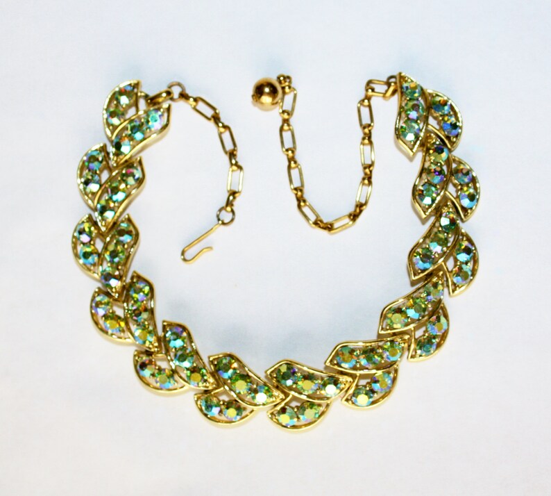 Dazzling AB Rhinestone Necklace Designer Mac-Allen RARE Necklace EDLEE Blue Green Christmas Wedding Prom Black Tie Event