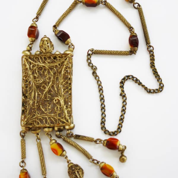 Antique Arabian Bedouin Necklace Kuchi Afghan Gold Plated Pendant Mystic Ethnic Bedouin Tiger Eye Filigree