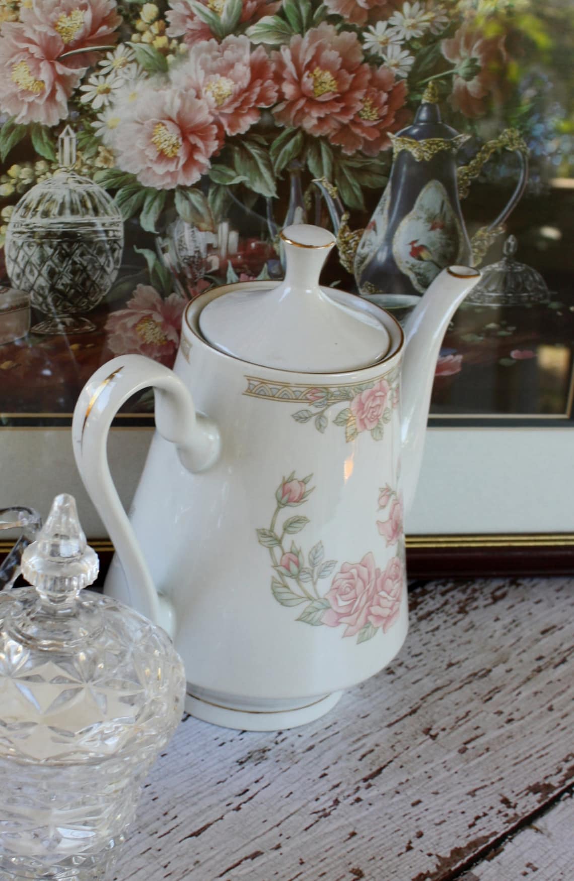Tienshan Fine China Coffee Pot Tea Pink Roses Green Leaves Etsy