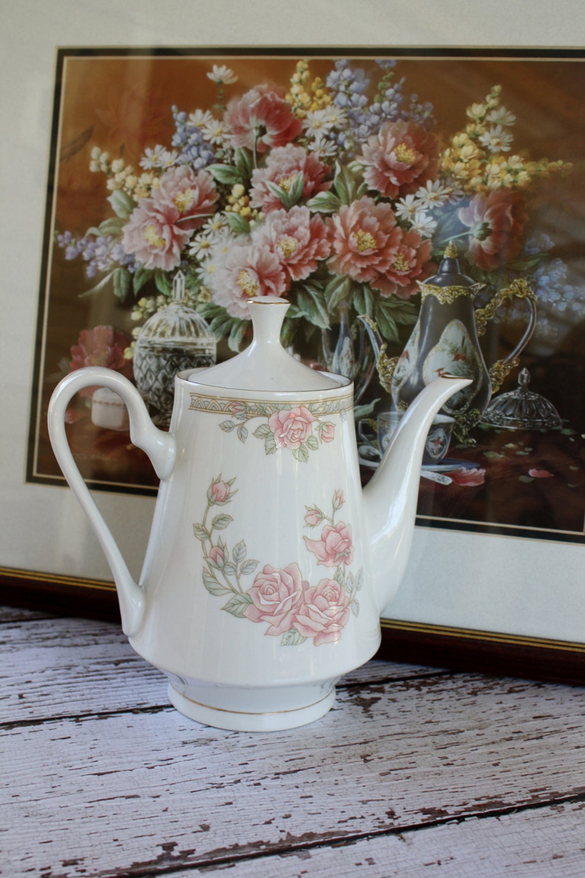 Tienshan Fine China Coffee Pot Tea Pink Roses Green Leaves Etsy