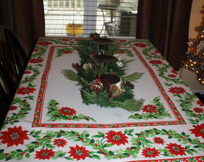 Vintage LINEN Christmas Tablecloth 60s Red Poinsettias Pine and Holly