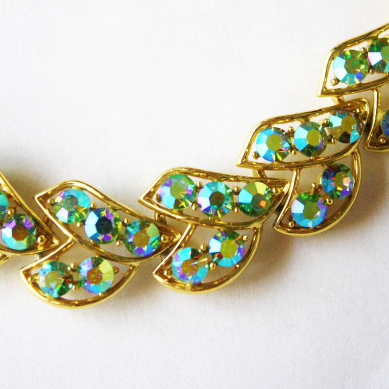 Dazzling AB Rhinestone Necklace Designer Mac-Allen RARE Necklace EDLEE Blue Green Christmas Wedding Prom Black Tie Event