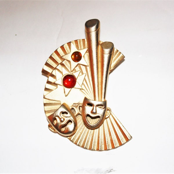 Modernist Comedy Tragedy Brooch,  Art Deco Revival Brooch, Happy Sad Masks Stars Fans, Marti Gra Brooch, February Fat Tuesday Jewelry