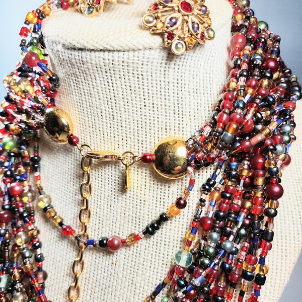 Vintage Joan Rivers Torsade Collection Necklace Matching Earrings 12 Strand Czech Beads Excellent Condition