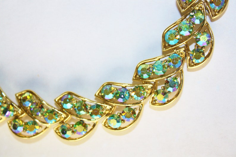 Dazzling AB Rhinestone Necklace Designer Mac-Allen RARE Necklace EDLEE Blue Green Christmas Wedding Prom Black Tie Event