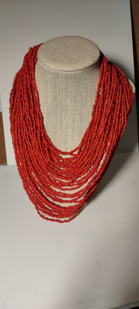 Vintage RED Beaded Tribal Torsade Necklace Beautif