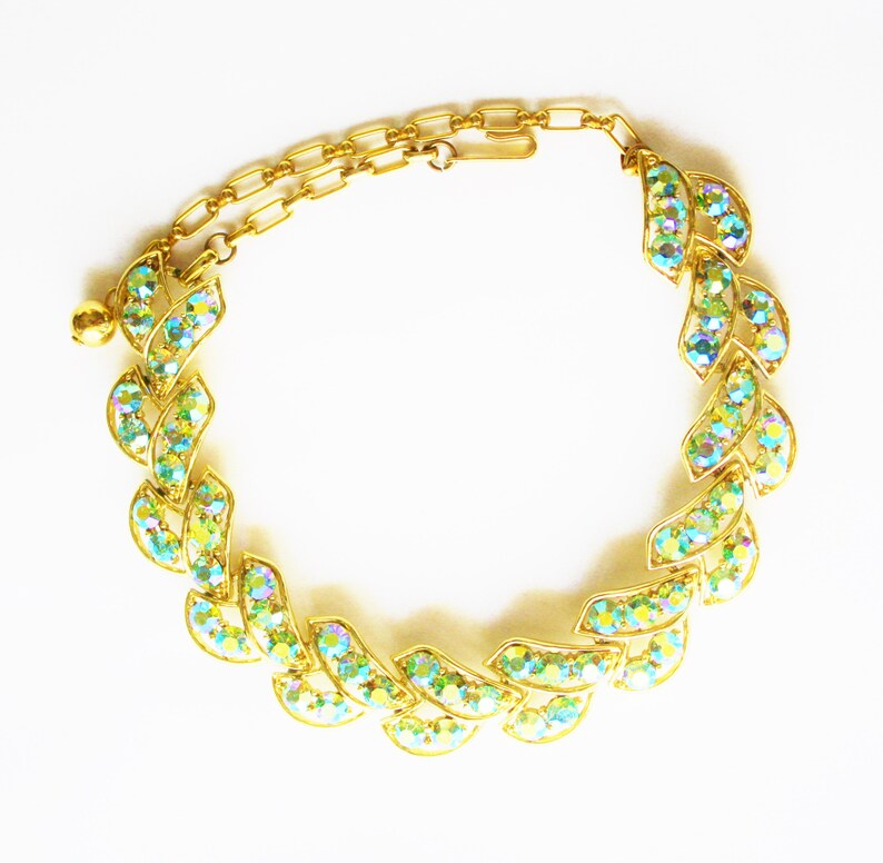 Dazzling AB Rhinestone Necklace Designer Mac-Allen RARE Necklace EDLEE Blue Green Christmas Wedding Prom Black Tie Event