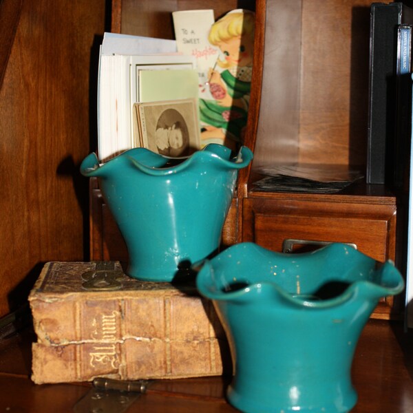 W.J. Gordy Art Pottery American Potter Georgia Pair Clay Vintage Artist Candle Holder Teal Green Stamped Han d Made Pastel Spring