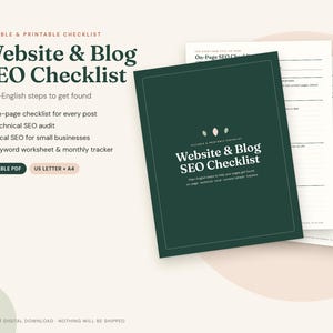 May include: A fillable and printable Website & Blog SEO Checklist document. The dark green cover features white text and leaf icons. Additional white pages with black lines and text are visible behind the cover, detailing SEO steps.