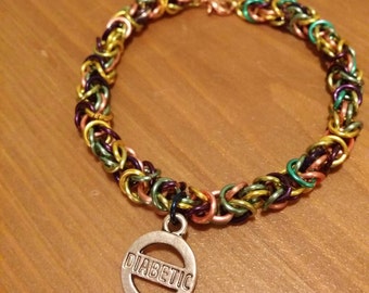 Diabetic Medical Alert Multicolored Rainbow Copper Chainmaille Bracelet T1D Type 1 or Type 2 Diabetes