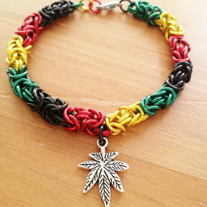 Marijuana Cannabis Handmade Chainmaille Bracelet, One Love, Anodized Aluminum and Charm, MMJ 420, Reggae image 1