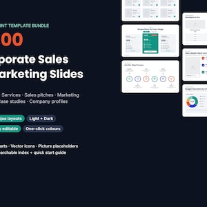 May include: A PowerPoint template bundle featuring 1,000 corporate sales and marketing slides. The dark background displays white text, orange numbers, and several slide previews including charts, pricing tables, and process diagrams.