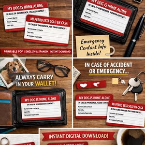 May include: A pet emergency wallet card kit featuring red and white rectangular cards with text including My Dog Is Home Alone, In Case Of Emergency, Please Contact, Contact Name, Phone Number, and Vet Info, alongside Spanish versions.