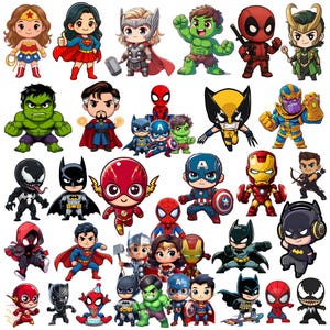 Puede incluir: Una colección de pegatinas de superhéroes estilo chibi con personajes como Wonder Woman, Superman, Thor, Hulk, Deadpool, Loki, Doctor Strange, Batman, Spider-Man, Wolverine, Thanos, Venom, Iron Man, Hawkeye y The Flash.