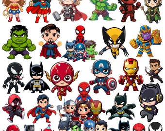 May include: A collection of chibi-style superhero stickers featuring characters like Wonder Woman, Superman, Thor, Hulk, Deadpool, Loki, Doctor Strange, Batman, Spider-Man, Wolverine, Thanos, Venom, Iron Man, Hawkeye, and The Flash.