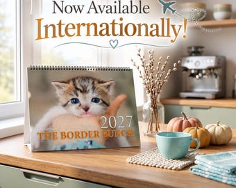 May include: A 2027 desk calendar titled THE BORDER BUNCH featuring a photograph of a tabby kitten. The text Now Available Internationally is displayed above the calendar, accompanied by a small airplane icon and a dashed heart trail.