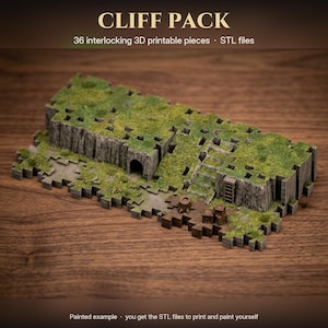 May include: CLIFF PACK 36 interlocking 3D printable pieces STL files. A miniature terrain set featuring grey rocky cliff sections with green mossy textures, a small arched tunnel entrance, a stone staircase, and wooden crates.