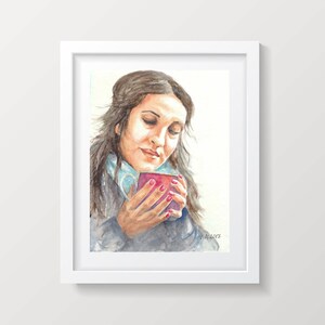 Woman enjoying a cup of coffee, digital download art