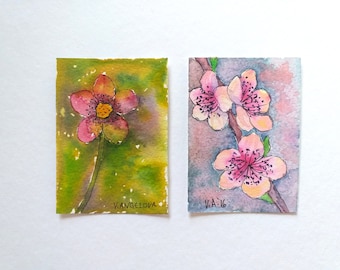 Original aceo paintings, Watercolor miniature paintings, Set of 2 artist trading cards, Watercolor aceo flowers, Hand painted aceo art