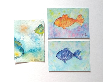 Hand painted aceo, Watercolor aceo paintings, Original aceo fish, Watercolor miniature paintings, Artist trading cards, Collectible artwork