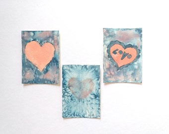 Watercolor aceo paintings, Set of 3 artist trading cards, Aceo original atc, Hand painted aceo, Heart aceo art