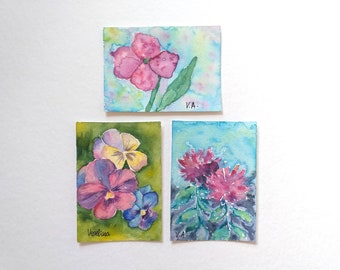 Floral aceo paintings, Watercolor aceo original, Hand painted aceo art, Watercolor miniature paintings, Set of 3 artist trading cards