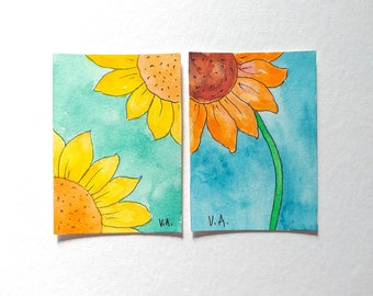 Hand painted aceo, Floral aceo original, Watercolor aceo flowers, Sunflower aceo, Artist trading cards, Watercolor miniature paintings, Atc