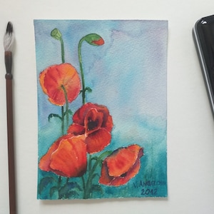 Floral watercolor painting, watercolor flowers, watercolor poppies painting, original watercolor artwork, small wall art decor, aquarelle