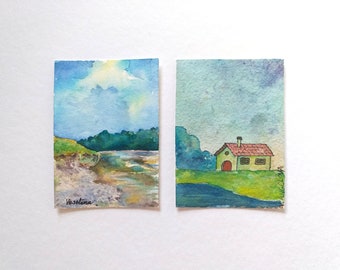 Watercolor Aceo painting, Aceo original, Atc originals, Set of 2 hand painted watercolor artist trading cards with landscapes