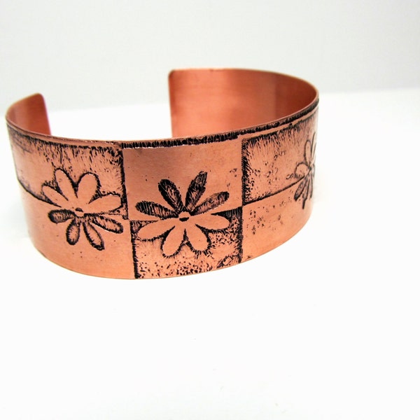 Geometric Flowers Copper Cuff Bracelet Etched Metal Design OOAK